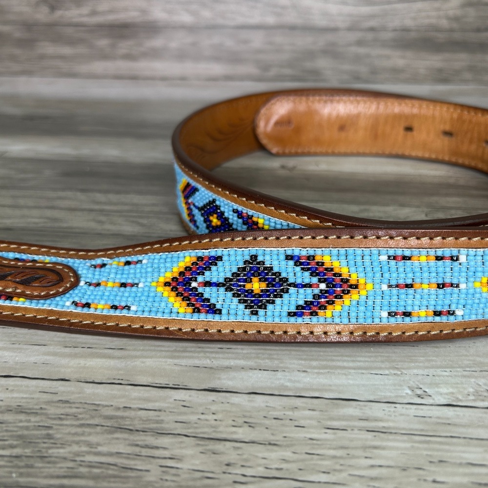 Tony Lama Turquoise Beaded Leather Belt with Yellow & Black Accents